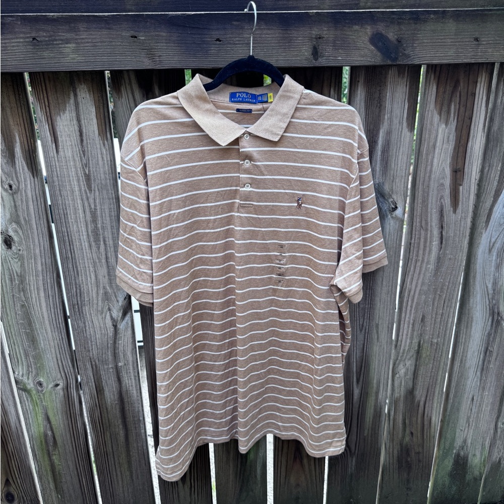 Polo by Ralph Lauren Tan White Striped Interlock Polo Shirt